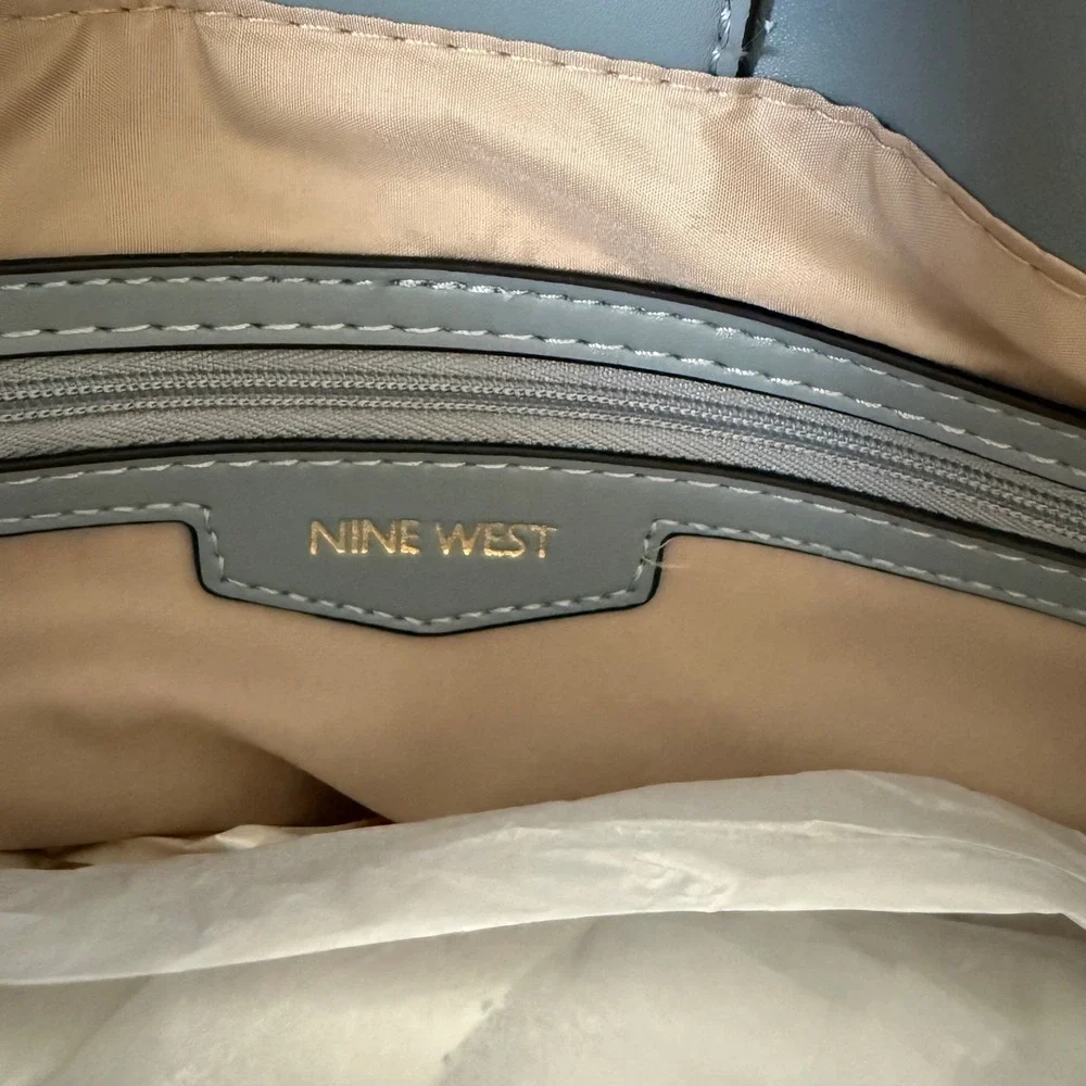 Nine West Canvas Tote Bag Light Blue Trim Triple Compartment Shoulder Bag NWT